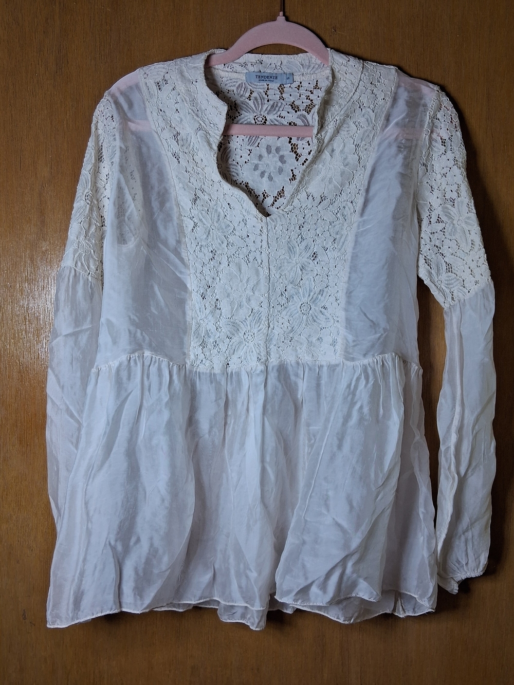 100% Silk Lace Boho Peasant Blouse Ivory Cottagecore Romantic Flowy Top Small